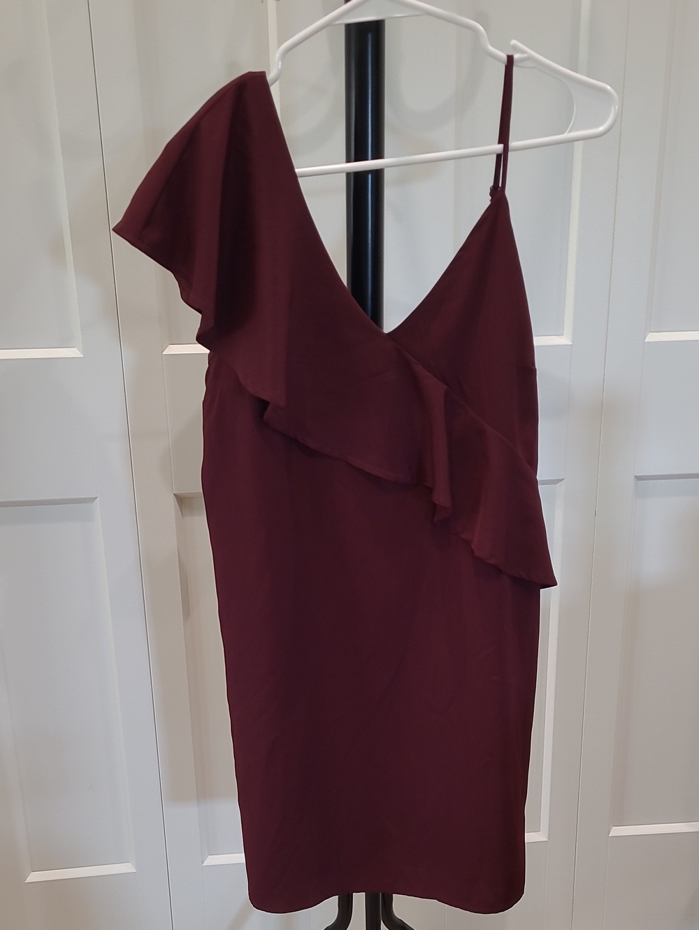 One-Shoulder Ruffle Dress in Burgundy